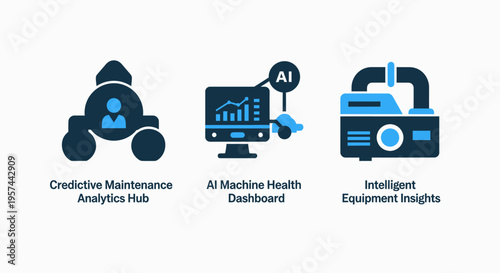Predictive maintenance analytics, AI machine health dashboard, and intelligent equipment insights vector icons