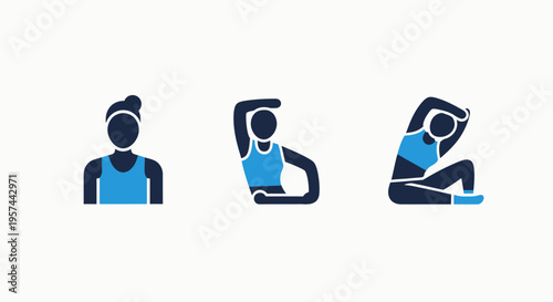 Fitness stretching exercises vector icons for healthy lifestyle, workout training, flexibility, and physical wellness