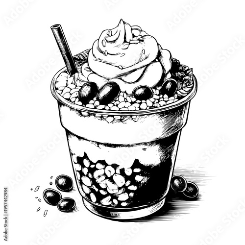 Hand-Drawn Illustration of a Sweet Dessert Drink with Creamy Toppings – A Monochrome Culinary Sketch for Menu Designs and Cafe Graphics, available on adobe stock