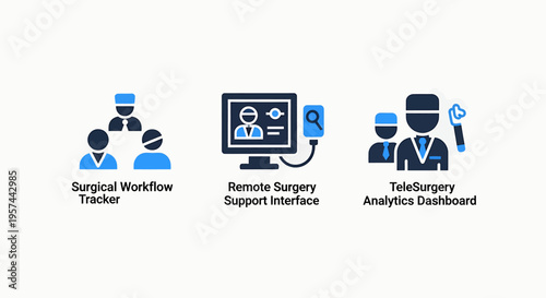 Innovative surgical workflow tracking, remote surgery support interface, and telesurgery analytics dashboard system icons