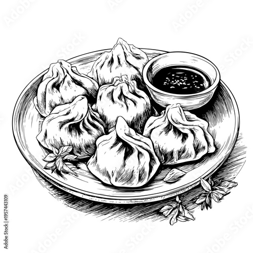 Hand-drawn illustration of delicious Asian dumplings served on a plate with dipping sauce, a perfect graphic for culinary projects or adobe stock content