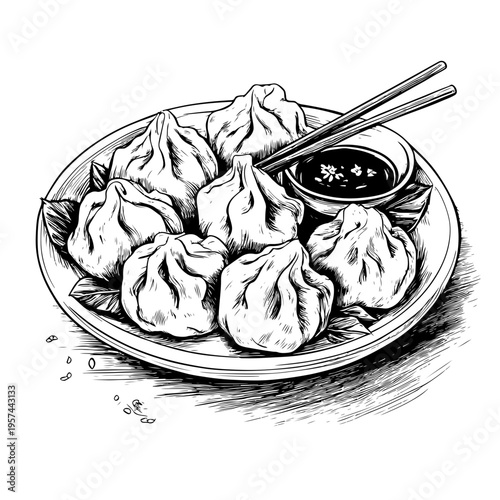 Hand-drawn illustration of delicious dumplings on a plate with chopsticks and dipping sauce, perfect for adobe stock