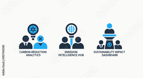 Creation production analytics, emission intelligence hub, and sustainability impact dashboard icons set