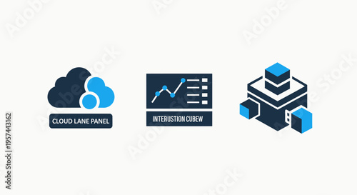 Cloud computing and data analytics technology icons: server blocks, internet of things, and information storage concepts