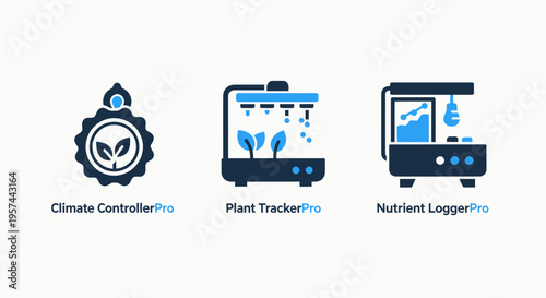 Smart agriculture system icons: climate control, plant tracking, and nutrient monitoring technology for modern farming and hydroponics