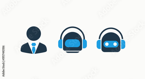 Customer support and artificial intelligence icons: business professional, headset communication, and AI assistant concepts