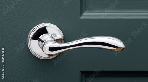 Polished chrome door handle on emerald green door, modern lever on painted paneled front door, close up with soft light and reflection