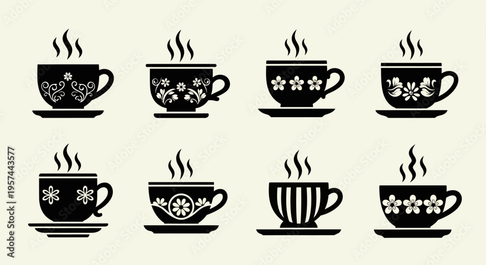 Fototapeta premium Vintage floral coffee cup collection featuring ornate flower patterns and traditional saucer shapes in black silhouette style for classic tea house menu design