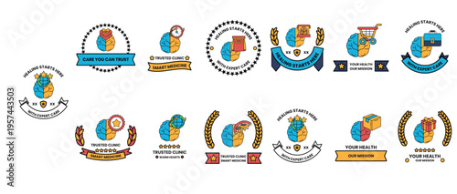 Circular logos with blue, yellow, and gold colors