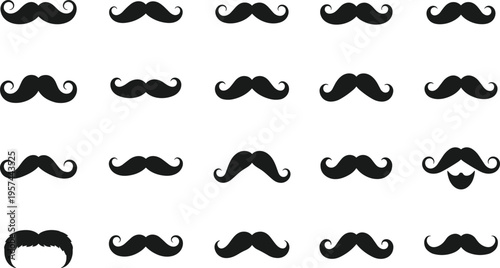 Vector illustration of mustache silhouettes in varied styles, black design showing classic, curly, bushy, and fashionable facial hair art.