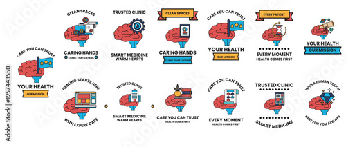 Flat vector icons depict brain health concepts