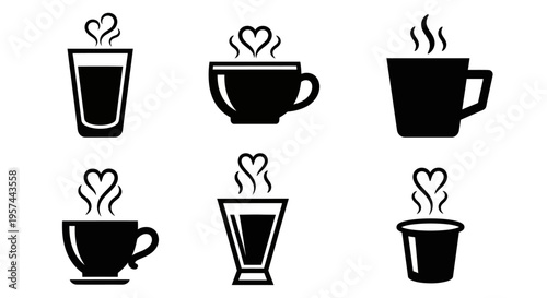 Set of coffee cup icons with heart steam and different glass shapes black silhouette collection isolated on white background minimalist beverage cafe design