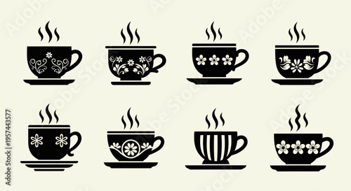 Vintage floral coffee cup collection featuring ornate flower patterns and traditional saucer shapes in black silhouette style for classic tea house menu design