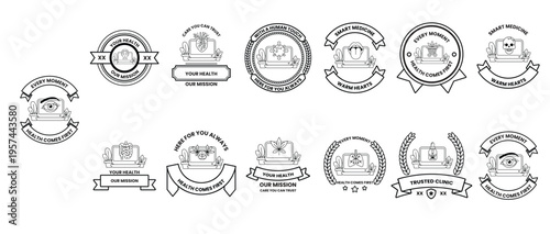 Black ink outlines define elegant emblems