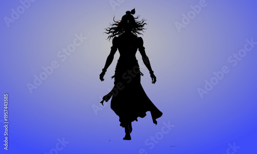 Divine silhouette of Lord Krishna with flowing hair and traditional attire levitating against a blue gradient background, perfect for Hindu religious, spiritual, and devotional graphic design concepts