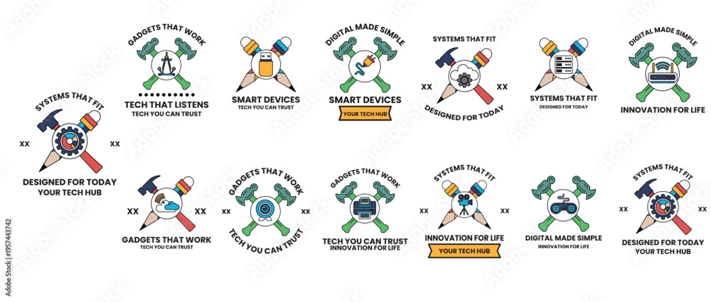 Fototapeta premium Ten distinct logo designs featuring crossed hammers and axes