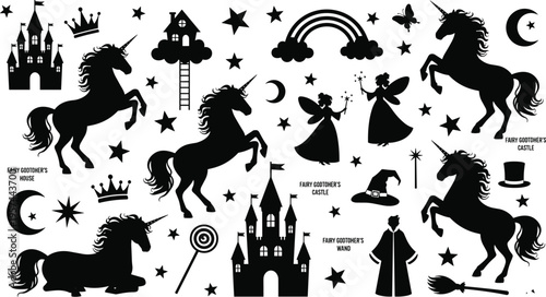 Vector illustration of fairy tale silhouettes including unicorns, fairy godmothers, castles, wands, stars, moons, crowns, rainbow, and magical design.
