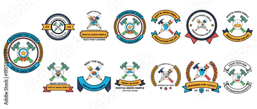 Fifteen vibrant emblems display bold, colorful insignias