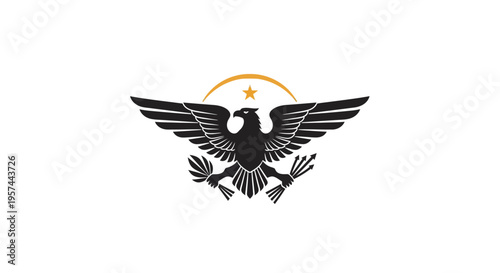 Majestic black heraldic eagle emblem with outstretched wings, golden star, and arch, representing power, freedom, and strength, vector graphic.