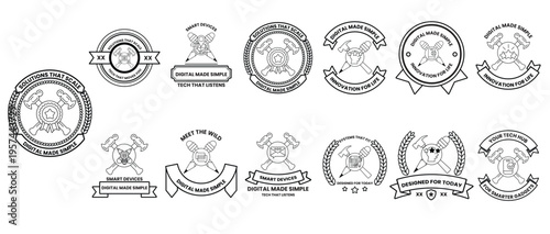 Black ink outlines depict vintage-style emblems and seals