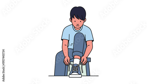Young boy sitting on a chair and tying his shoelaces with a focused expression on his face carefully