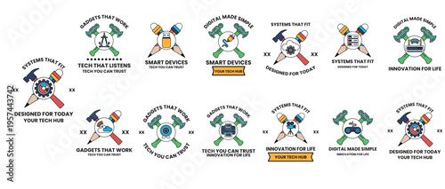 Ten distinct logo designs featuring crossed hammers and axes