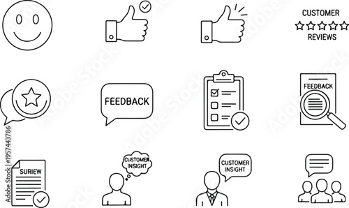 Hand-drawn customer feedback and review icons set for business and marketing communication