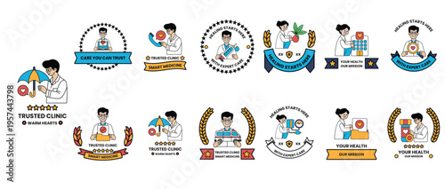 Bright, cheerful cartoon doctors and patients interact warmly