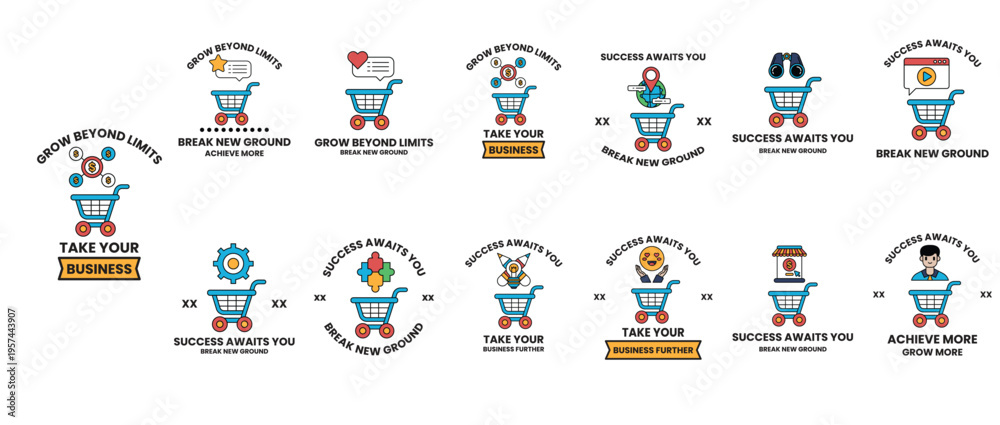 Fototapeta premium Cartoon characters with shopping carts smile cheerfully
