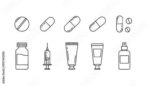 Minimal pharmaceutical dosage forms outline icon set editable stroke flat vector illustration isolated on white