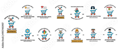 Cartoon characters with shopping carts smile cheerfully