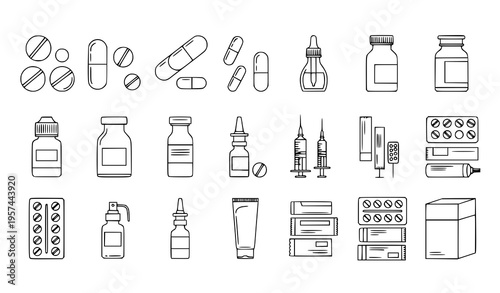 Editable stroke pharmaceutical dosage forms outline vector icon collection isolated on white for medical design