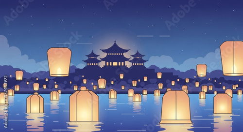 Asian Lantern Festival Night Vector with Traditional Pagoda Silhouette and Floating Sky Lanterns Reflection Illustration