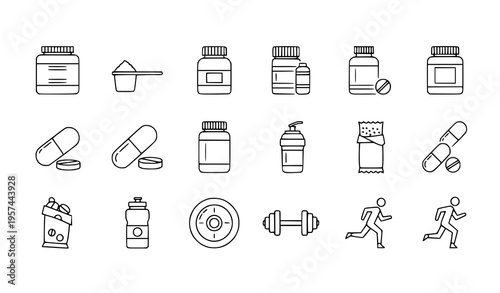 Minimal sport supplements and fitness nutrition outline icon set editable stroke flat vector illustration isolated on white
