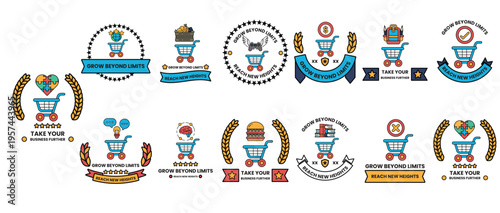 Cartoonish shopping carts with whimsical accessories and banners