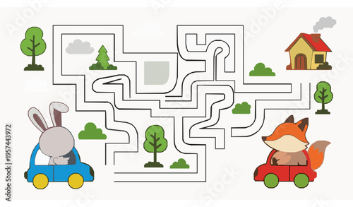Educational maze puzzle for children with cute animals driving cars preschool activity vector illustration isolated on white