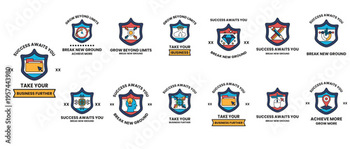 Blue and gold shields display motivational phrases