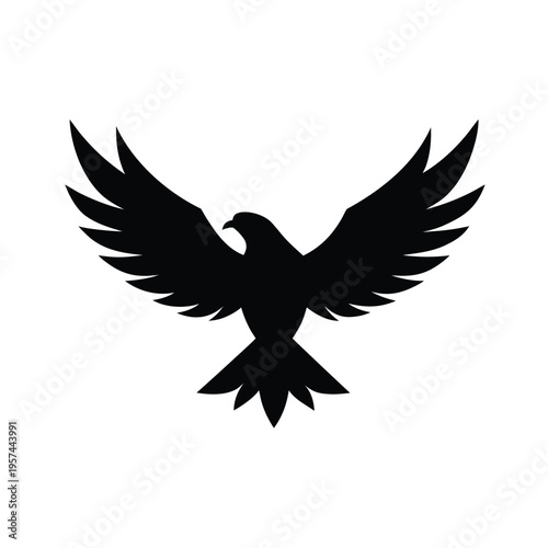 Black silhouette of a mighty flying eagle with outstretched wings, isolated on white background