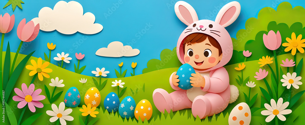 Obraz premium 3D paper cut style illustration of a cute toddler wearing a pink bunny costume sitting in a vibrant spring meadow. holding a blue polka dot egg 