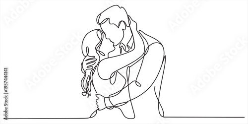 Continuous line drawing of a man hugging a child
