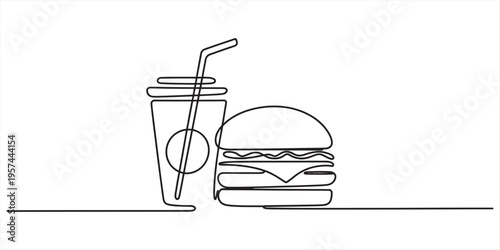 Continuous line drawing of burger and soda cup