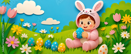 3D paper cut style illustration of a cute toddler wearing a pink bunny costume sitting in a vibrant spring meadow. holding a blue polka dot egg 