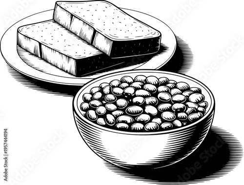 Black and White Engraving Style of Baked Beans and Toast a White Background breakfast