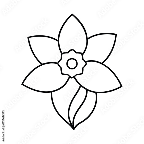 Minimalist line art drawing of a daffodil flower with stem and leaves isolated
