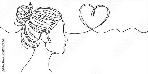 Continuous line drawing of woman with heart