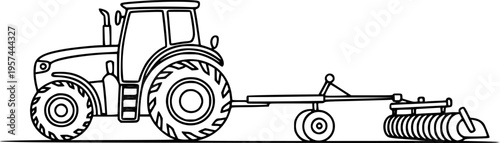 Black and white line of a farm tractor with a tilling attachment a white background