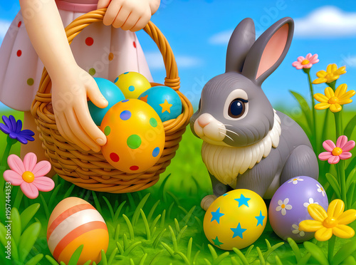 Cute 3D illustration of a little girl hand holding a wicker basket full of colorful Easter eggs, standing next to a grey bunny on green grass with spring flowers, bright blue sky background.