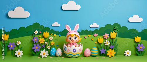 Cute 3D illustration of a little girl in a pink bunny suit, smiling from inside a giant patterned Easter egg. Intricate layered paper cut art style, wide banner format with spring flowers, 