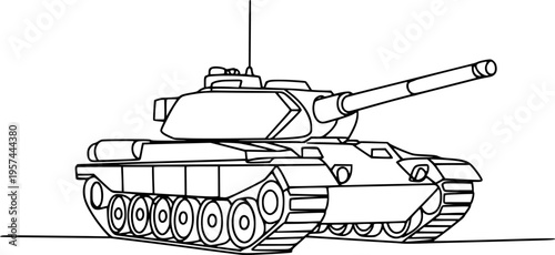 Black and white line of a military tank with turret and tracks vehicle army