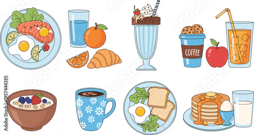 Breakfast Food and Drink Set with Eggs Pancakes Coffee Juice and Fruits, Morning Meal Collection for Healthy Nutrition and Lifestyle Illustration Design